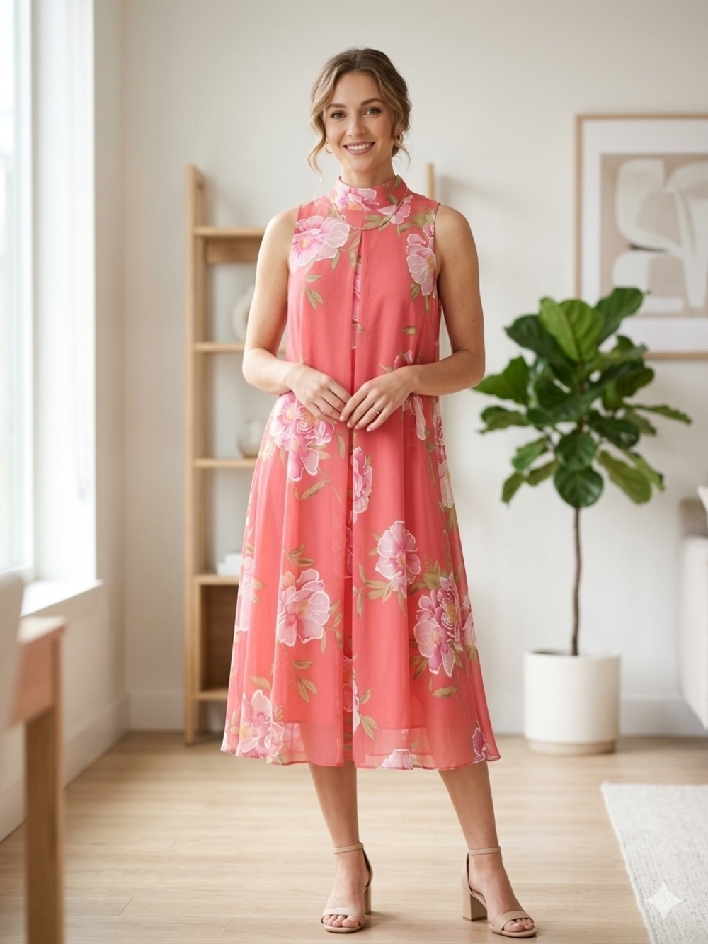 Signature by Robbie Bee Coral Floral Midi Dress